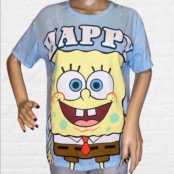 Nickelodeon Spongebob Squarepants "Happy" Tee Shirt T-Shirt Juniors Medium VGC - Picture 2 of 7